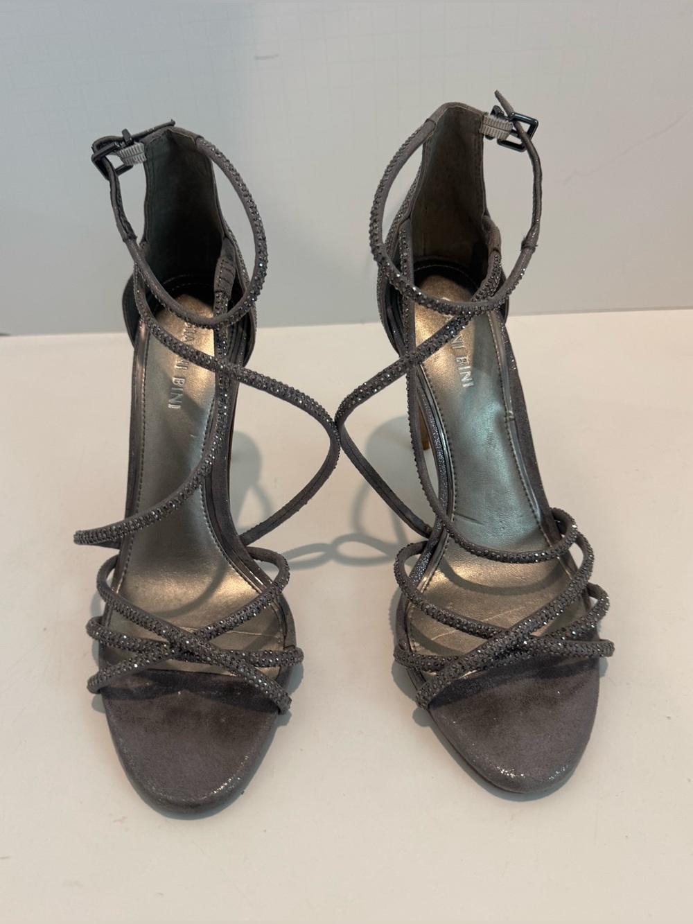 Gianni Bini Glitter Ankle-Wrap Heels in Gunmetal